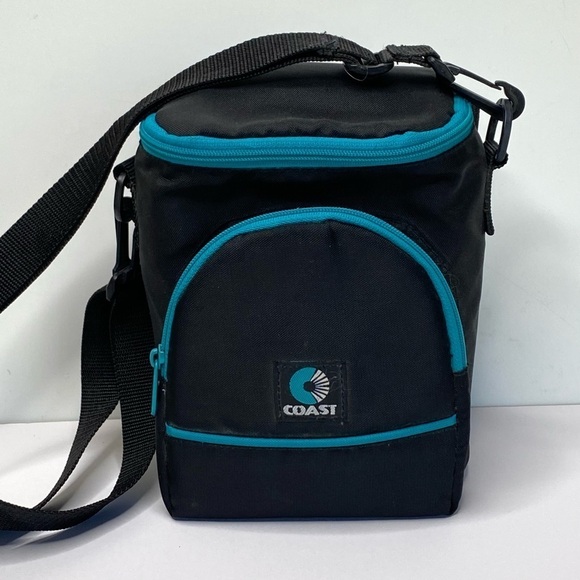 Vtg Coast Camera Bag Shoulder Strap Black Blue Teal Accents Retro Case 2 Compart - Picture 1 of 7
